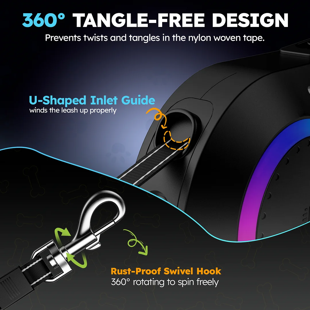 Retractable Dog Leash, 16ft Retractable Leash with Rechargeable LED Light - Tangle Free, Anti Slip Handle, Nylon Tape, One Button Brake & Lock