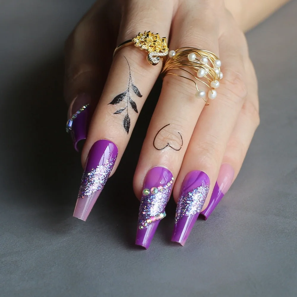 Luxury Coffin Glitter purple clear fake nails with crystals Gel Pink Long False nails French Lengthen-Nail Inspo