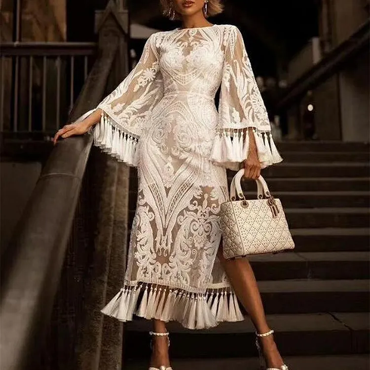 Elegant Lace Inwrought Tassel Bell Sleeve Maxi Dresses