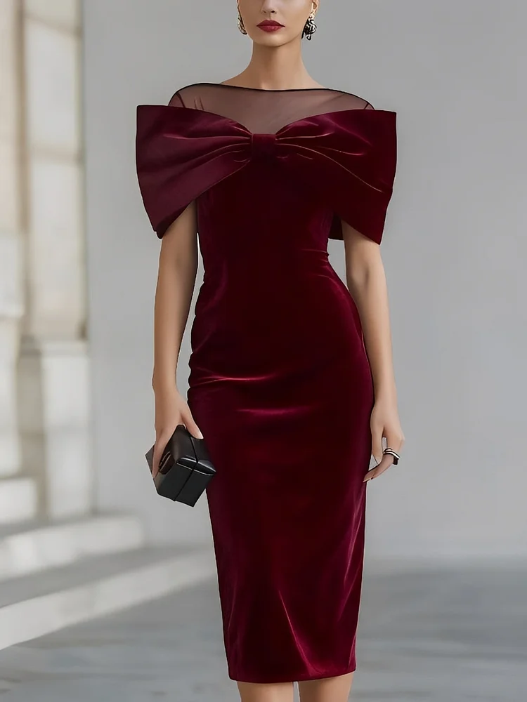 DRAMATIC BURGUNDY VELVET BOW MIDI DRESS