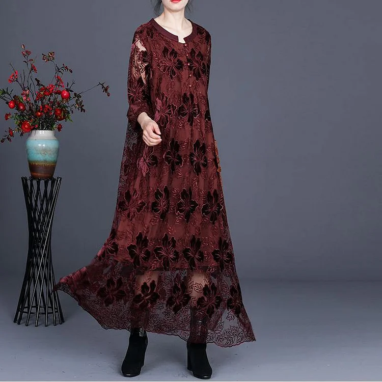Loose Chocolate Long Lace Dress O Neck Maxi Dress