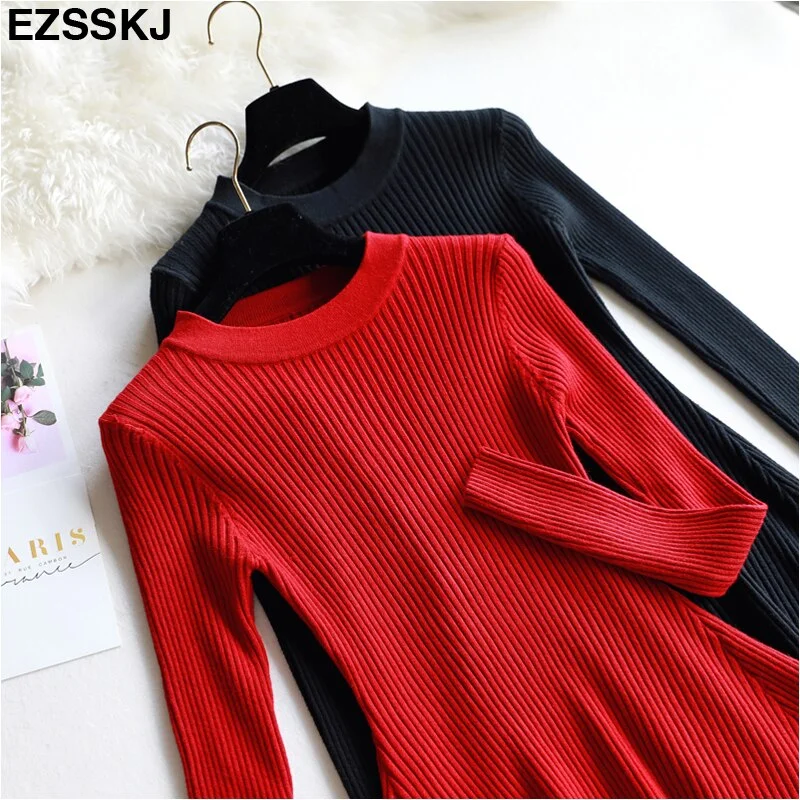 chic Autumn Winter black Sweater Dress Women o-neck Long Sleeve A Line thick Knit mini Dress female girl short bodycon dress