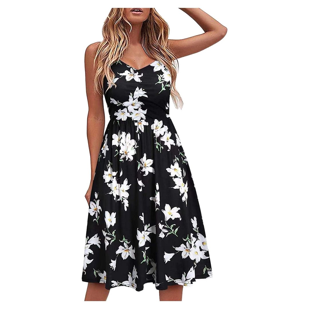 Fashion Women Boho Floral Print Strap Dress Casual Sexy V-Neck Beach Swing Dress Sundress Evening Party Dress Vestidos de fiesta
