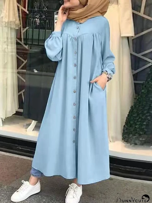 Dresses Solid Pocket Button Long Sleeve Shirt Dress for Women
