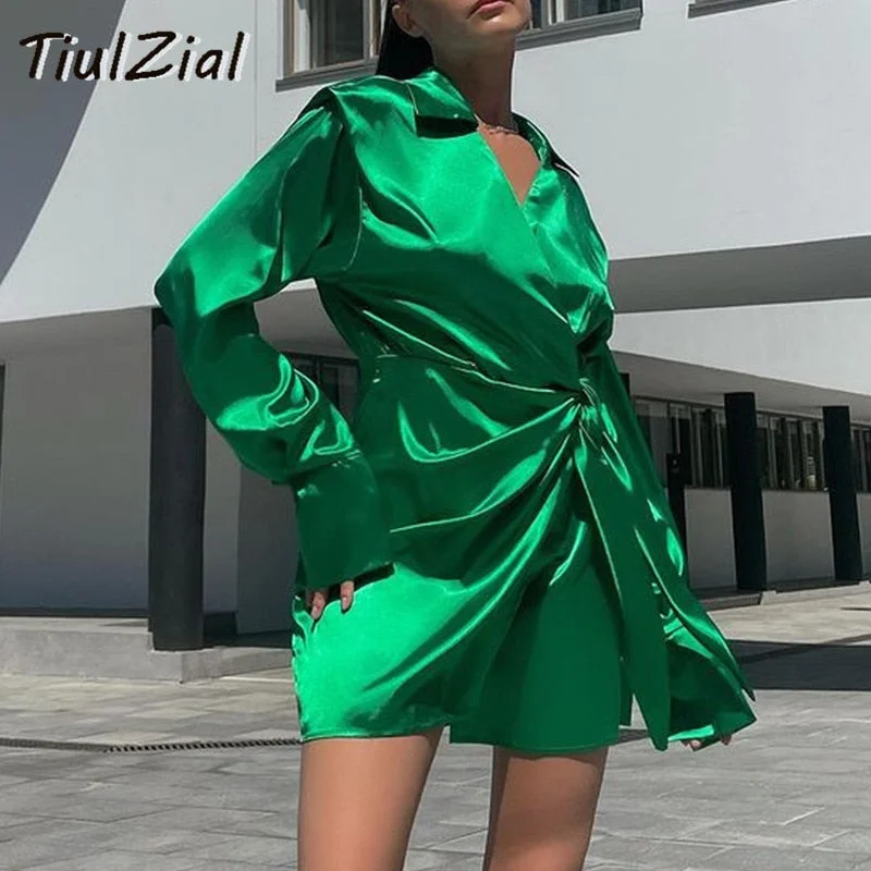 Green Long Sleeve Mini Satin Dress Nothed Lace Up Bandage Wrap Summer Dress High Waist Casual Shirt Dresses Women Blue