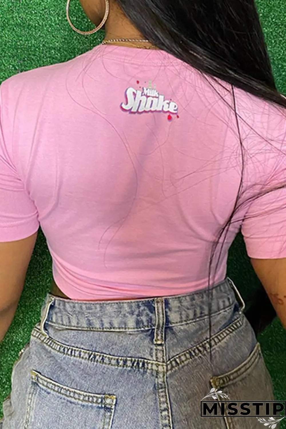 Pink Casual Print Patchwork O Neck Mid Waist T-Shirts