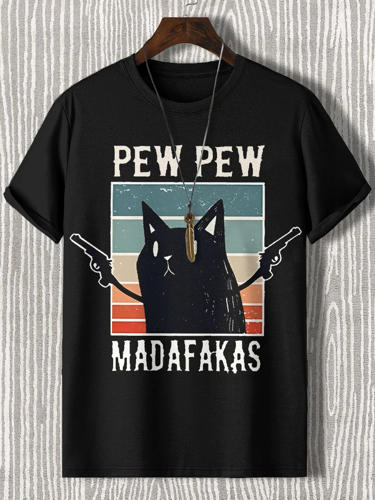 100% Cotton Men's Pew Pew Madafakas Funny Cat Print Cotton Casual T-Shirt