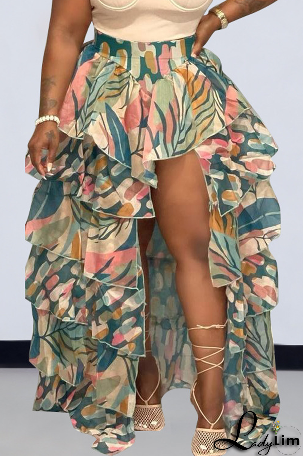 Multicolor Casual Print Flounce Straight High Waist Type A Full Print Bottoms