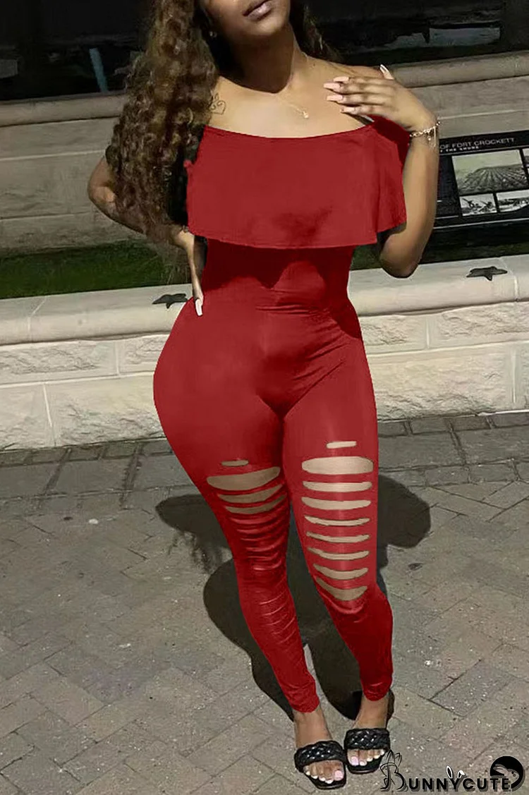 Red Sexy Solid Ripped Split Joint Flounce Off the Shoulder Regular Jumpsuits