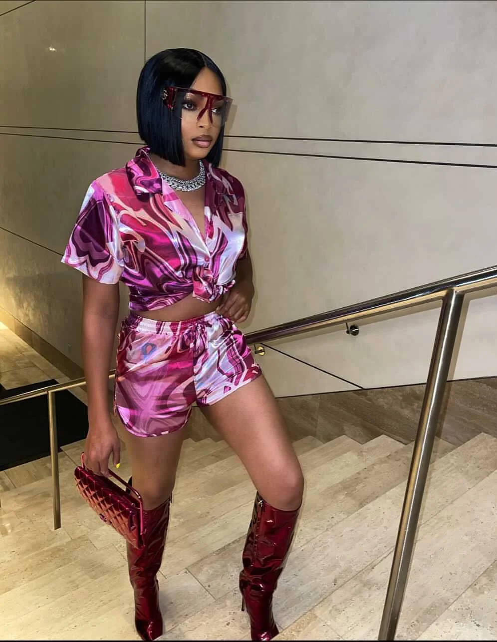 CM.YAYA Elegant Beach Leaf Women Two 2 Piece Set Outfits Sweatsuit 2022 Summer Shirt and Shorts Holiday Matching Set Tracksuit