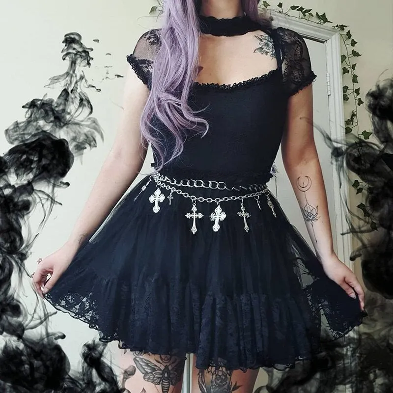 InsGoth Vintage T Shirt Goth Aesthetic Lace Trim Short Sleeve T-shirts Grunge Bodycon Gothic Style Sexy Basic Women Tops