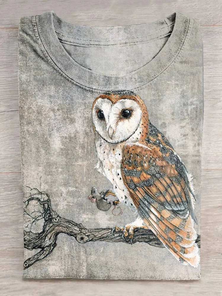 Teecade Teecade Owl Art Print Short Sleeve Casual T-shirt