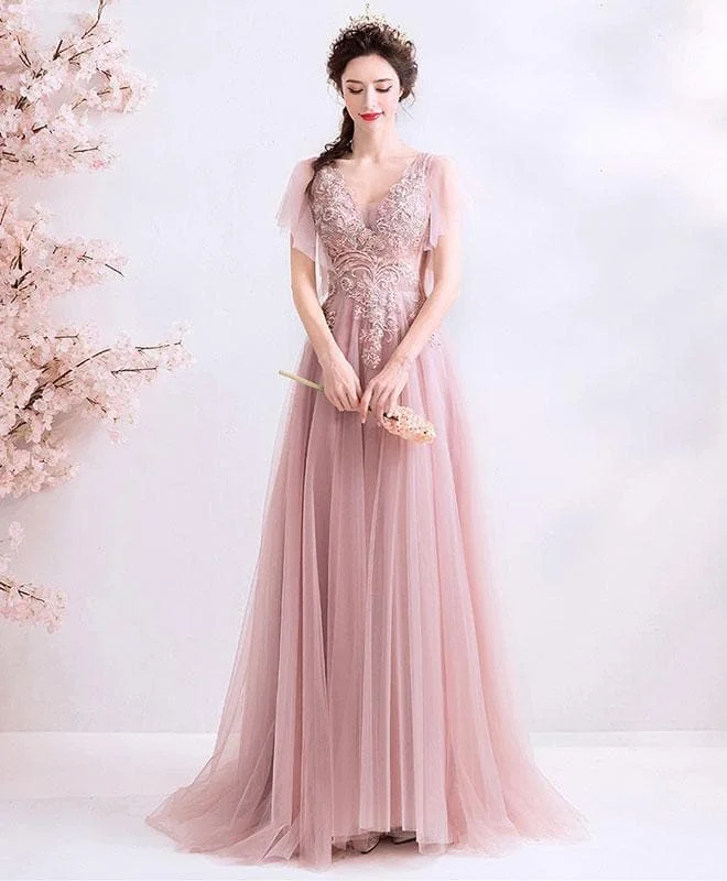 Pink Tulle Lace Long Prom Dress, Pink Tulle Lace Evening Dress