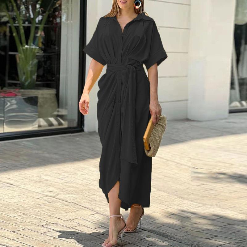 Autumn Winter Women Clothing Collared Short Sleeve Single Breasted High Waist Shirt Dress