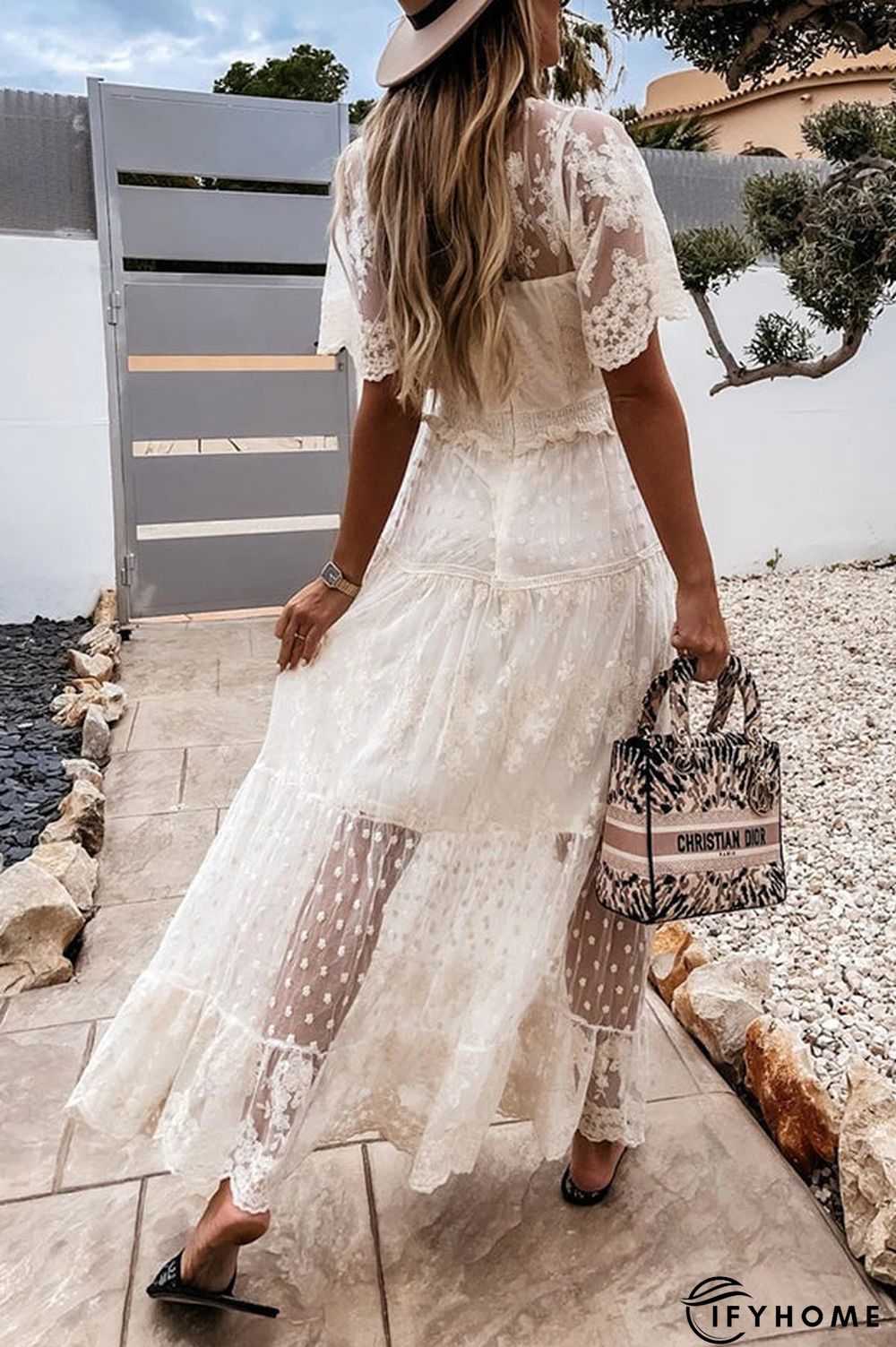 Button Lace V Neck Short Sleeve Maxi Dress | IFYHOME