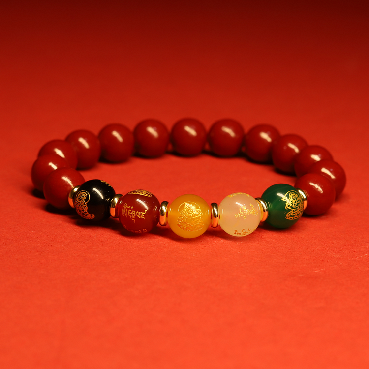 Thangka Buddha Five Directions Wealth Gods Cinnabar and Agate Bracelet for Prosperity
