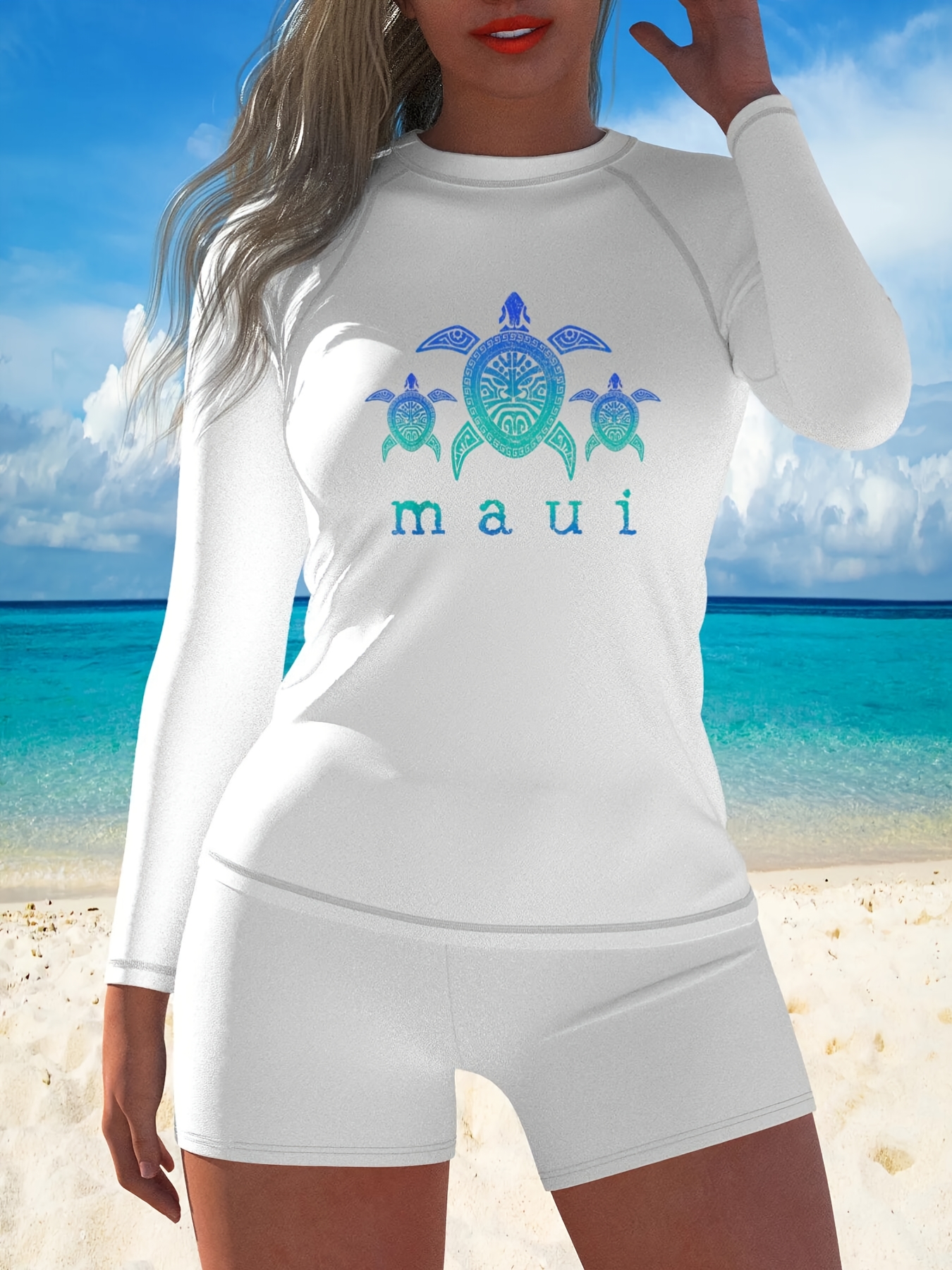 Maui - Hawaii Sea Turtles Hawaiian Diving Souvenir Women's High Elasticity Tummy Control Long Sleeve Two-Piece Swimsuit, Protection Swimwear For Beach Vacation Pool Partie | IFYHOME