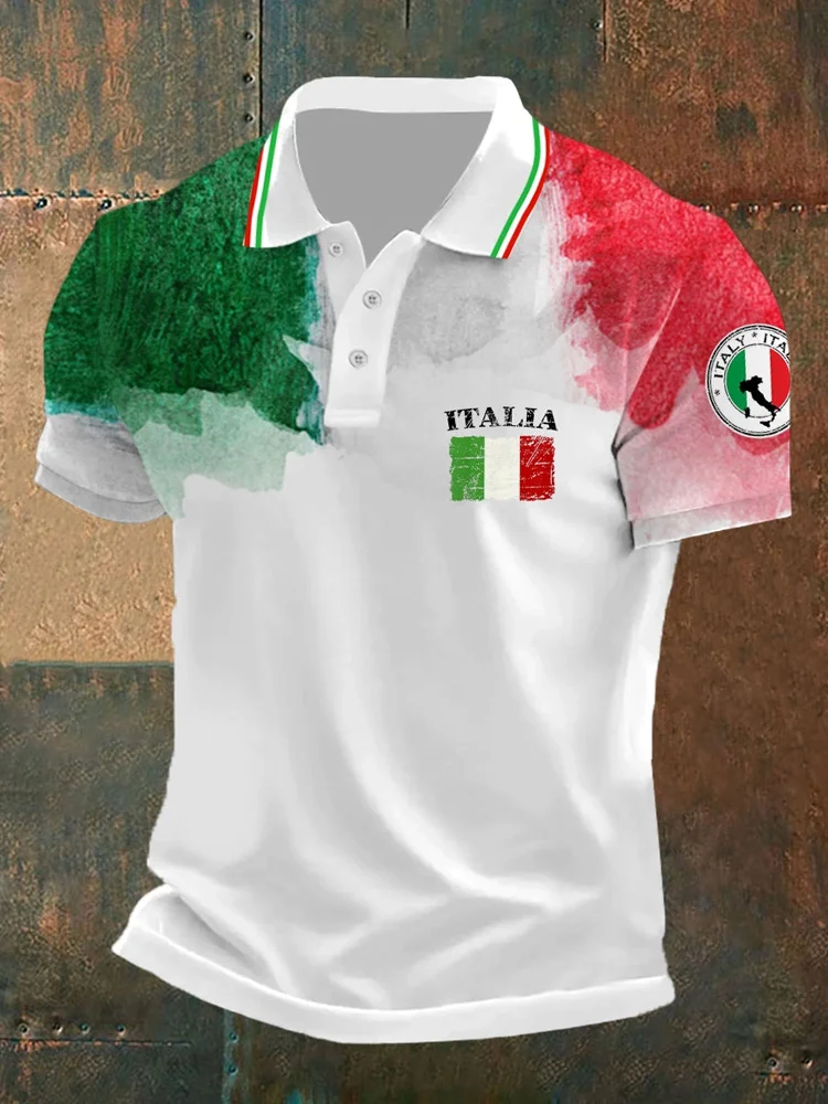Polo casual da uomo con stampa della bandiera italiana