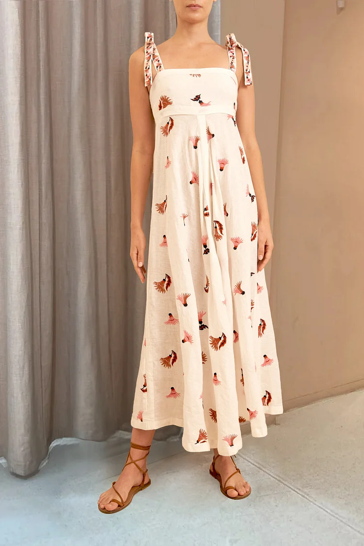 Boat Neck Tied Up Cami Ruched A-line Floral Print Vacation White Maxi Dresses [Pre Order]