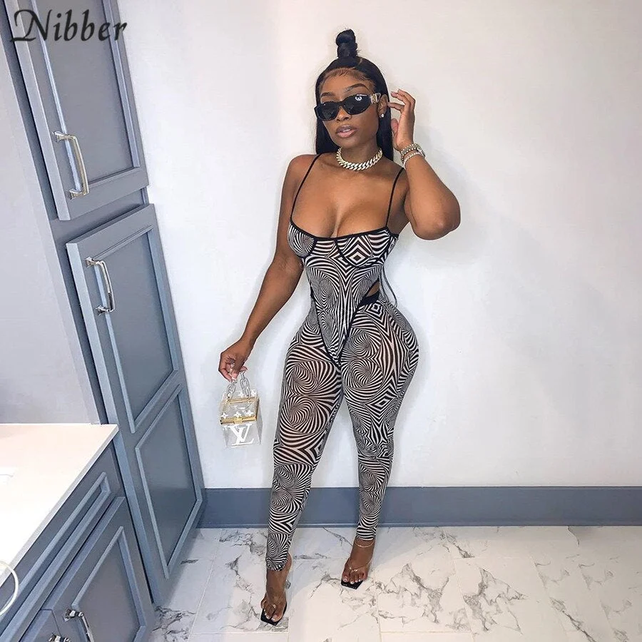 Nibber fashion Casual pattern print Spaghetti Strap Bodysuit and leggings two Piece Set Women sexy Mesh See Through slim outfit