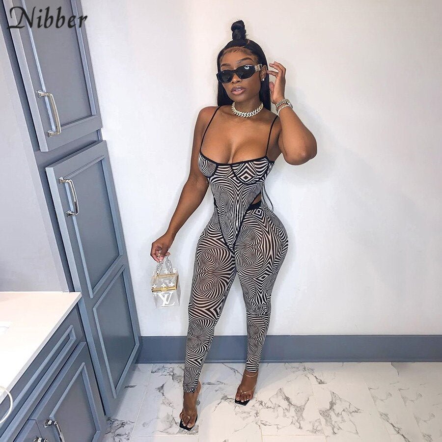 Nibber fashion Casual pattern print Spaghetti Strap Bodysuit and leggings two Piece Set Women sexy Mesh See Through slim outfit