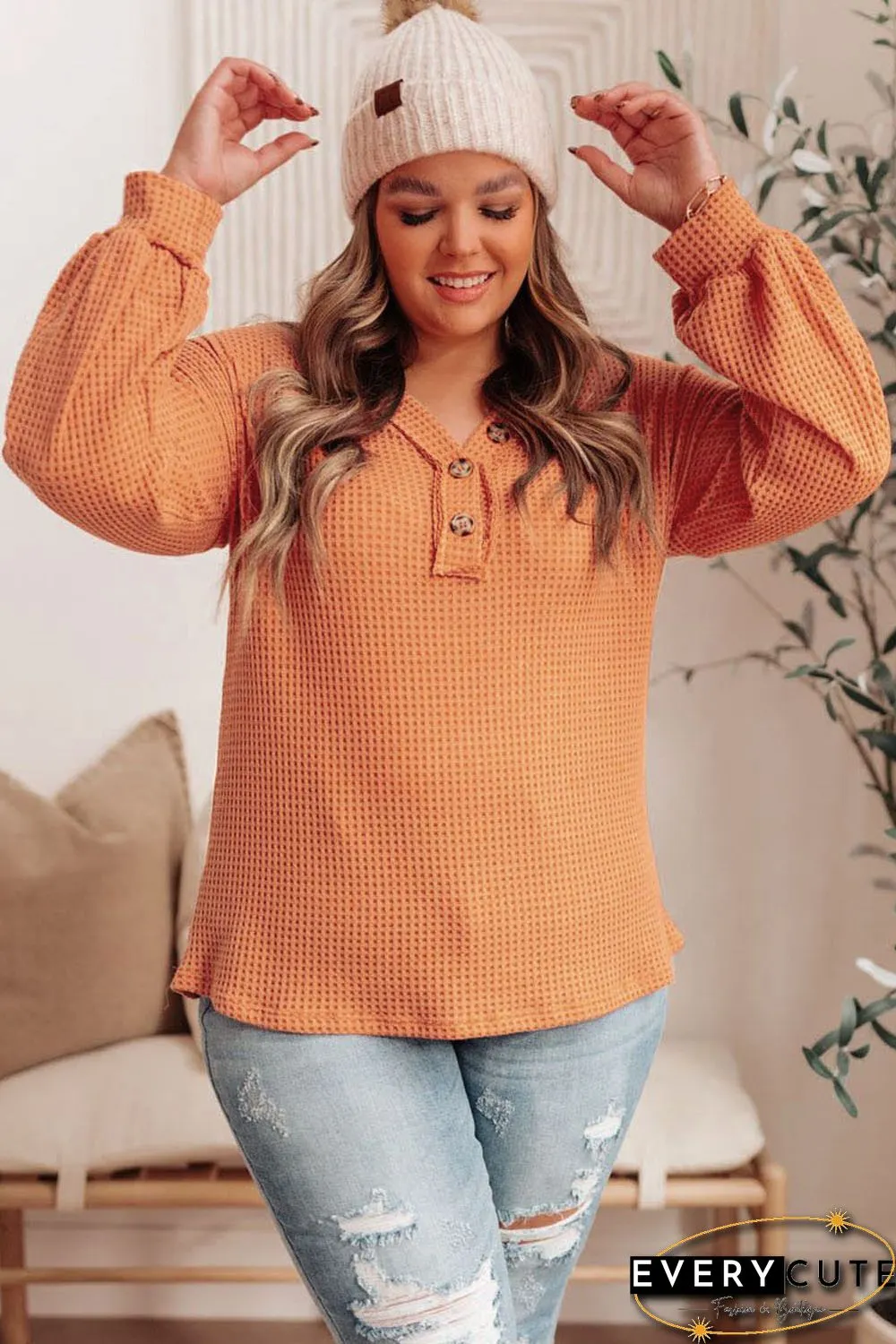Orange Buttoned V Neck Waffle Knit Plus Size Top