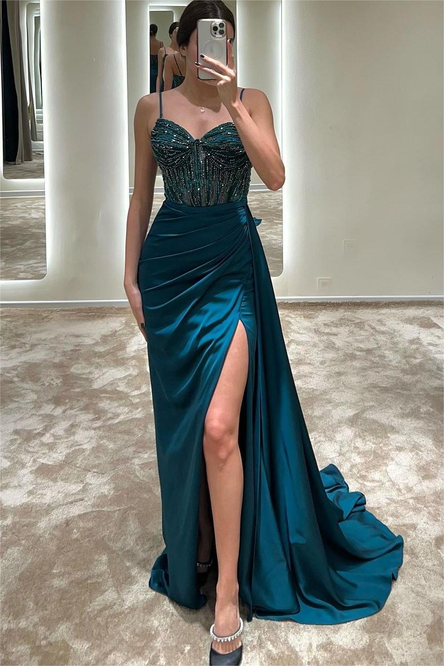 Oknass Exquisite Spaghetti Strap Sleeveless Pleated Long Split Prom Dress With Beading