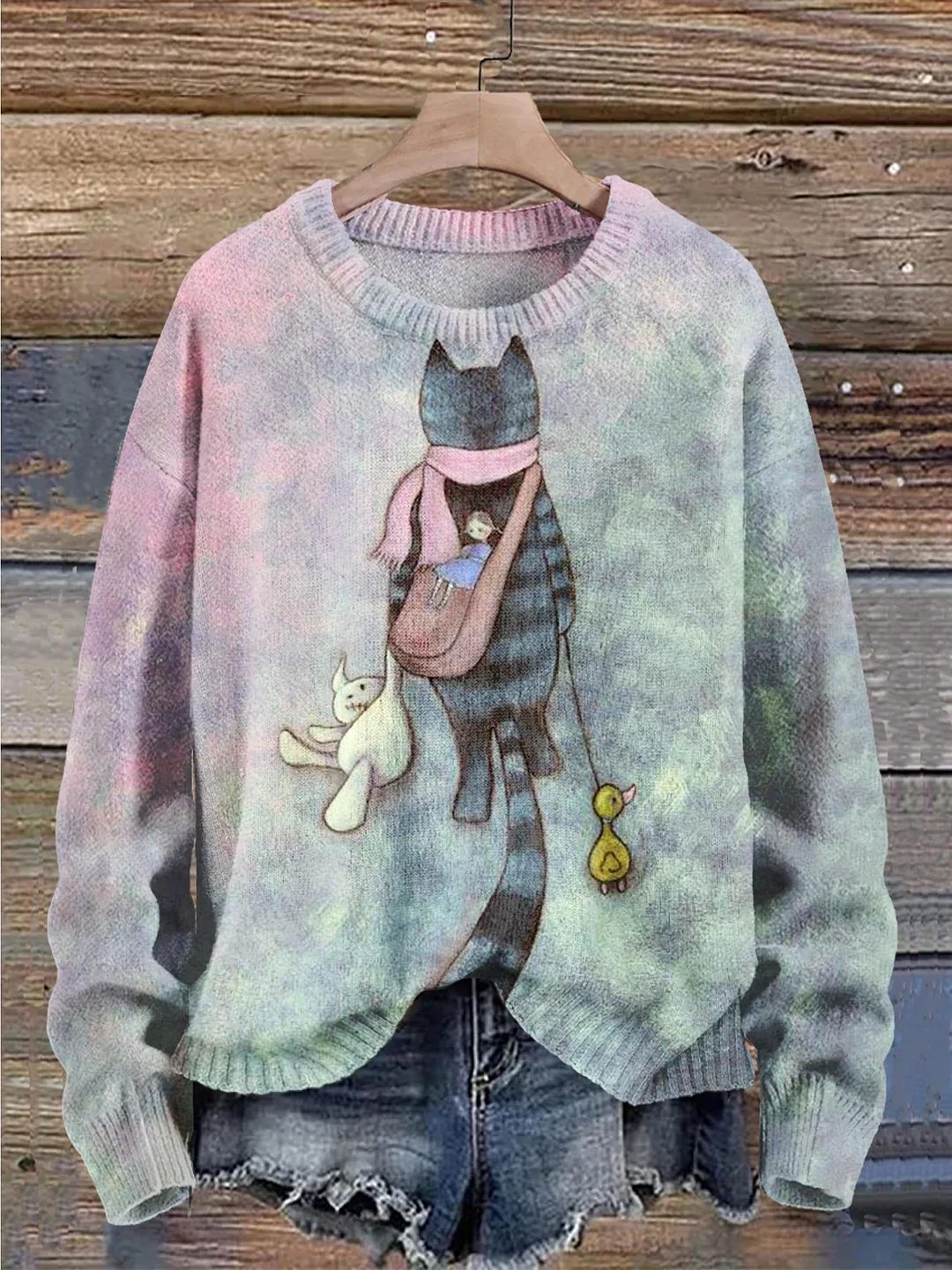 Retro Funny Cute Cat And Duck Art Print Knit Pullover Sweater