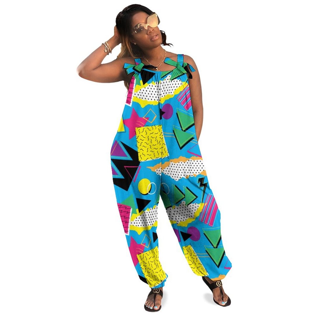 Memphis Style 80S Geometric Bright Color Pattern Bohemian Jumpsuit Vintage Vibrant Pantsuit Wide Leg Women Romper - Neewho