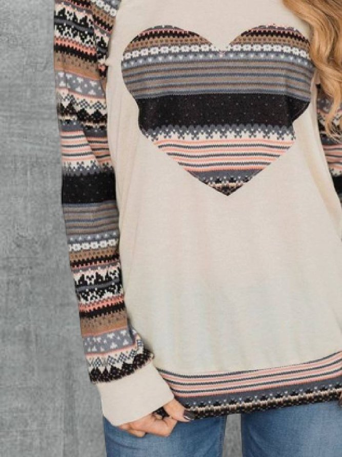 Beige Casual Cotton-Blend Crew Neck Floral-Print Shirts & Tops