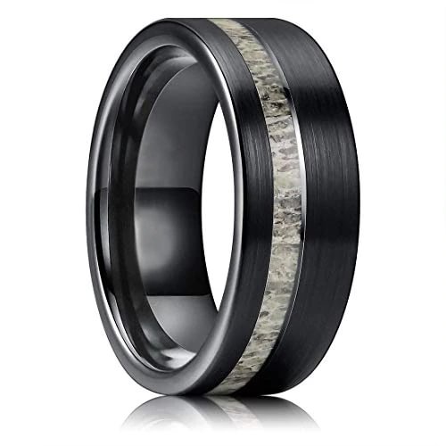 Women's Or Men's Tungsten Carbide Wedding Band Rings,Black with White Antler Inlay Ring,Tungsten Carbide Ring Comfort Fit With Mens And Womens For Width 6MM 8MM