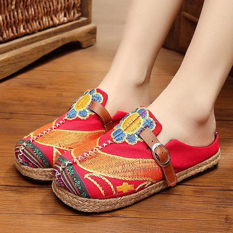 Red Cotton Linen Embroideried Fabric Vintage Buckle Strap Thong Sandals
