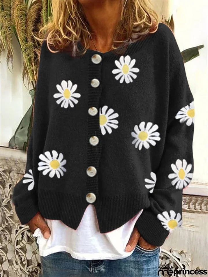 Daisies Printed Round Neck Buttons-Up Cardigans