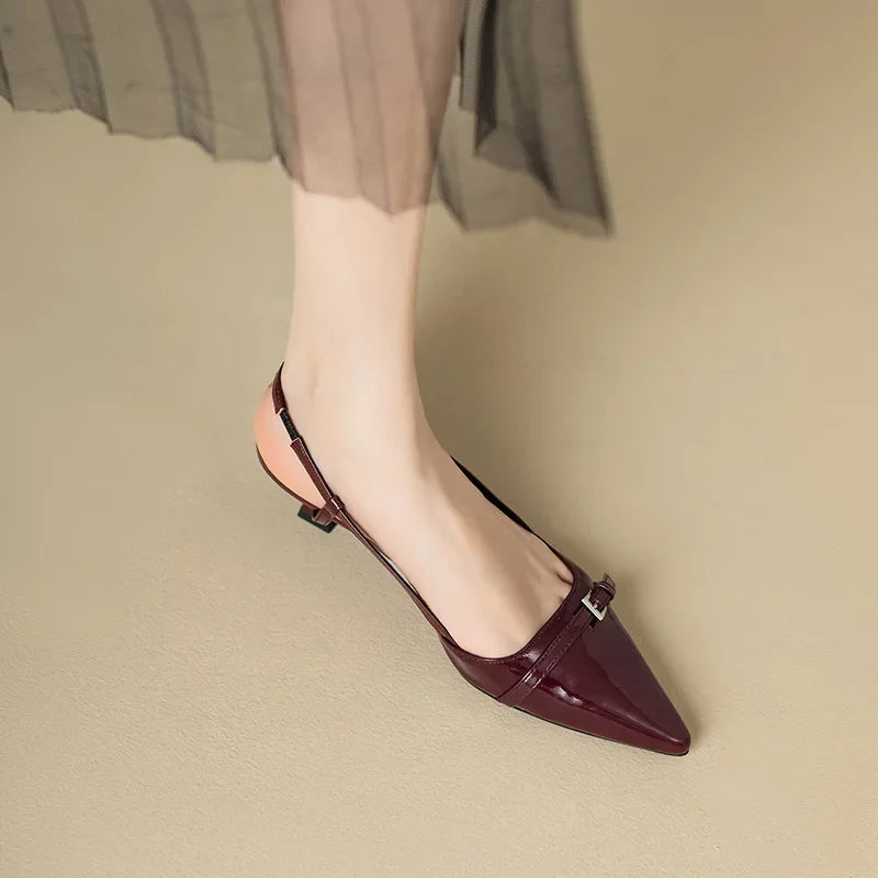 2024 New Summer French Wine Red Pointed Patent Leather Mid-heel Overhead Sandals for Women Retro Skinny Heel Back Empty Shoes Aiertu