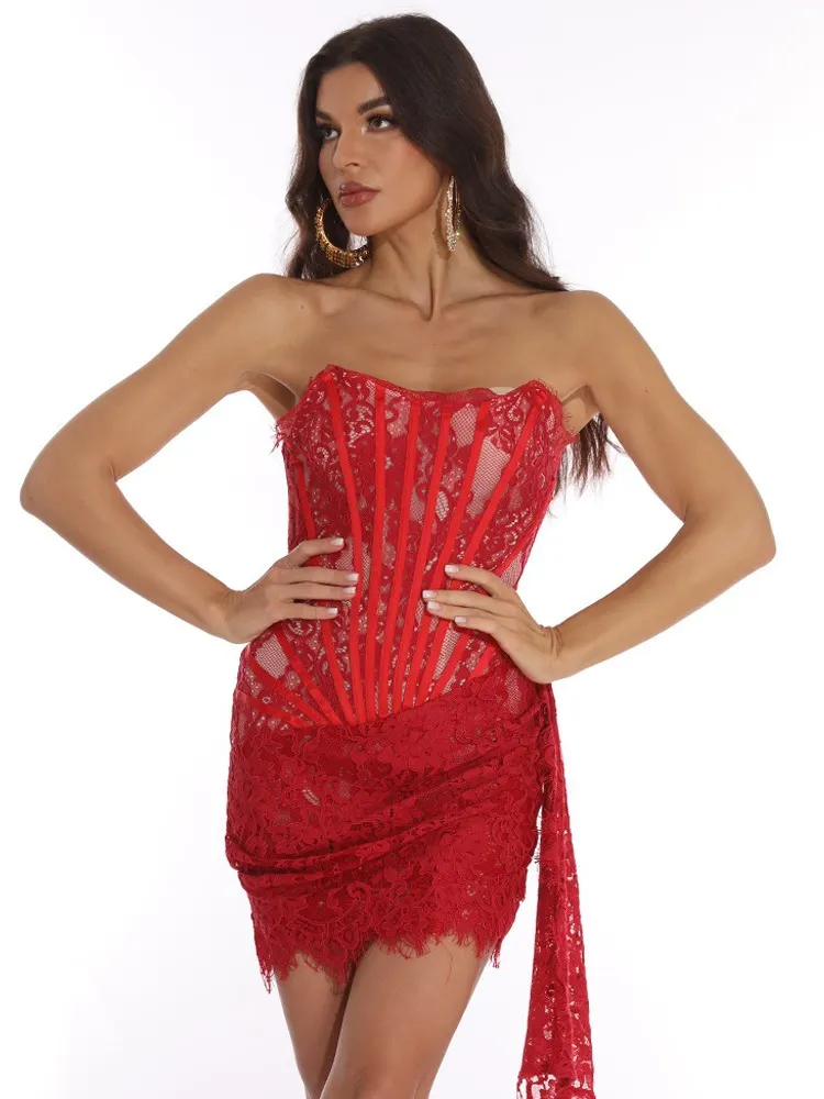 Brownm High-End Women's Sexy Lace Perspective Splicing Waist Tset Bra Dress Elegant Temperament Dress Dress Dress Dress Dress