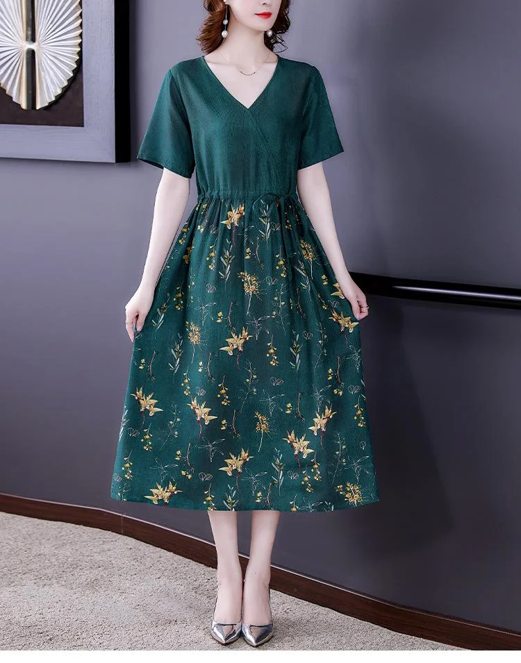 Contrasting color v-neck long dress