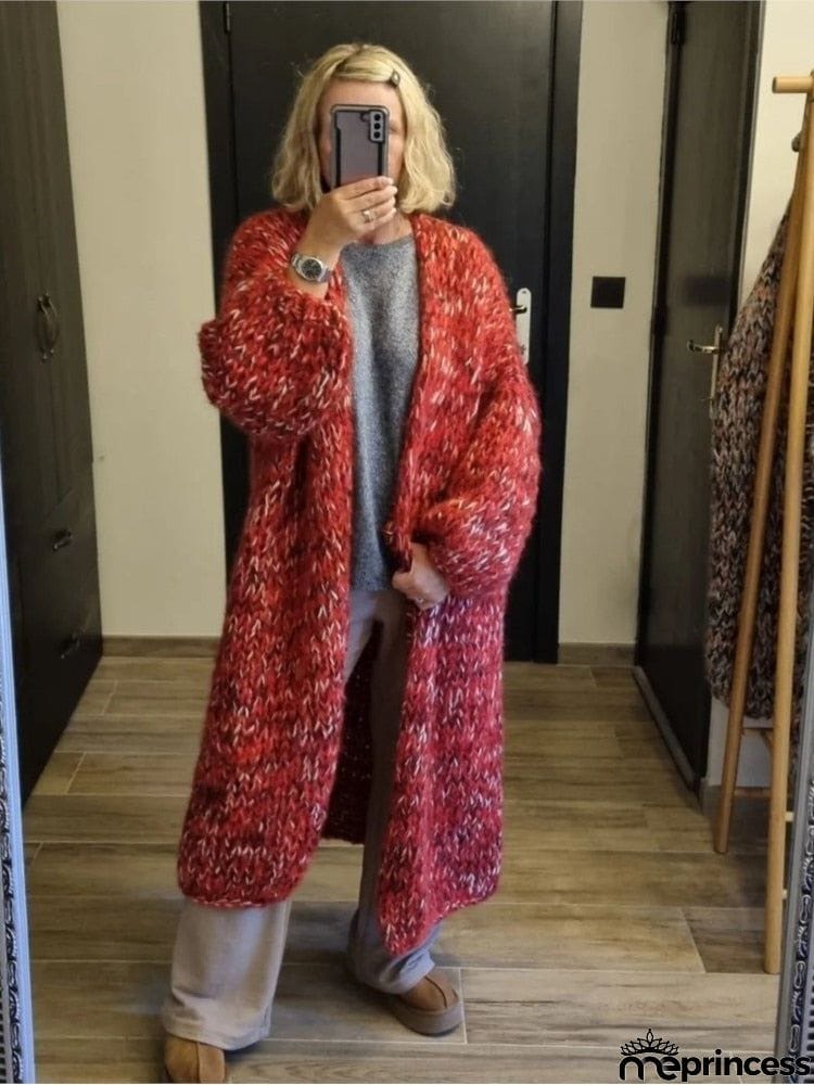 Womens Mohair Sweater Red Mélange  Knitted O-neck Long Cardigans Women