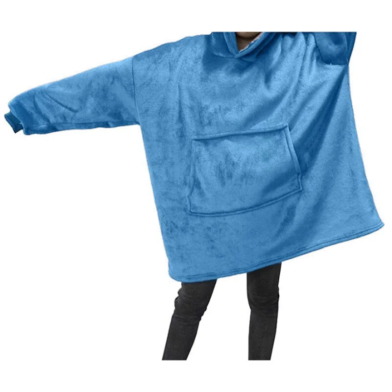 Winter Women Blanket Hooded Sweatshirt Solid Fleece Warm Long Sleeve Oversize Long Hoodies TV Pocket Blanket Female Robe Coat