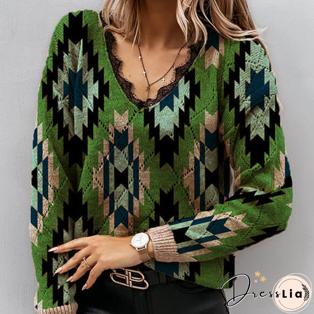 Casual Pullover T-shirts Blusas Autumn Elegant Chic Rhombus Pattern Print Tops Women Sexy Lace V-Neck Slim Long Sleeve Tee Shirt