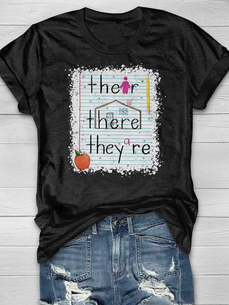 Funny Teacher Their There They're Print Short Sleeve T-shirt