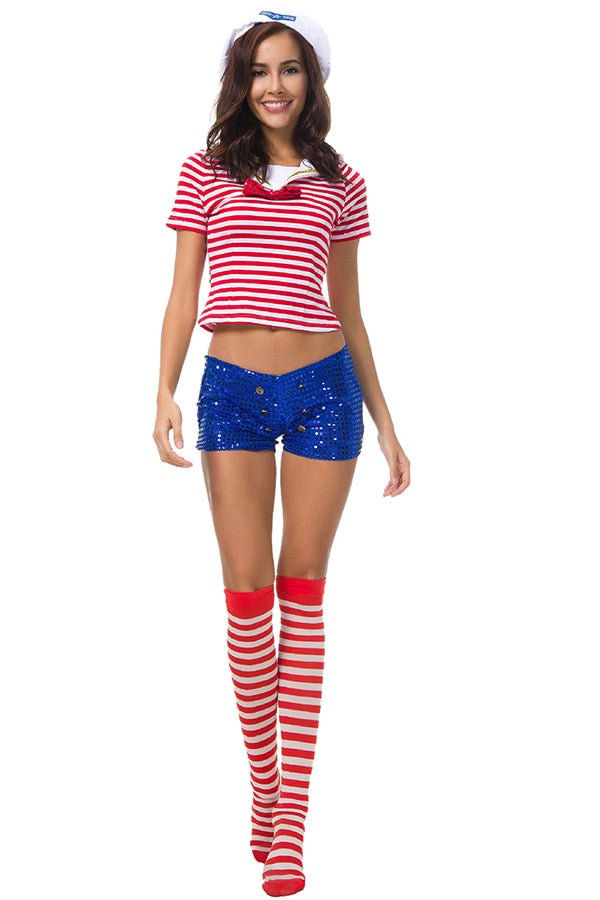 Sexy Cheerleader Navy Sailor Adult Halloween Costume Red-elleschic