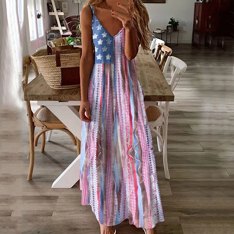 Comstylish Independence Day Flag Western Tassel Print Slip Maxi Dress