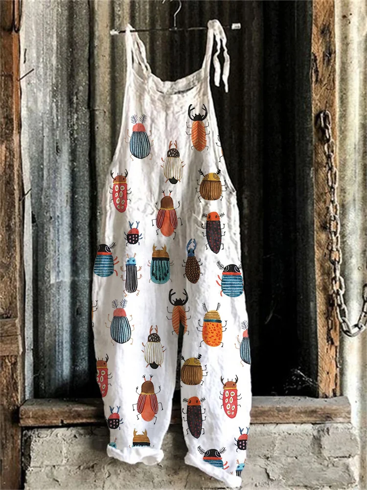 Colorful Beetles Pattern Linen Blend Jumpsuit
