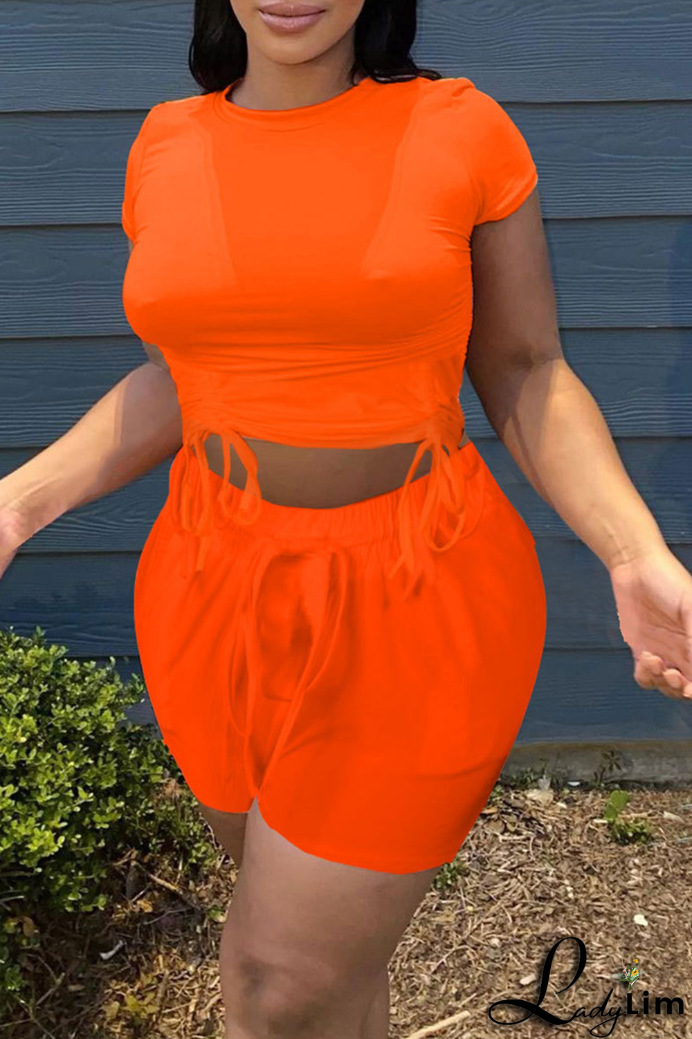 Orange Fashion Solid Draw String O Neck Short Sleeve Two Pieces