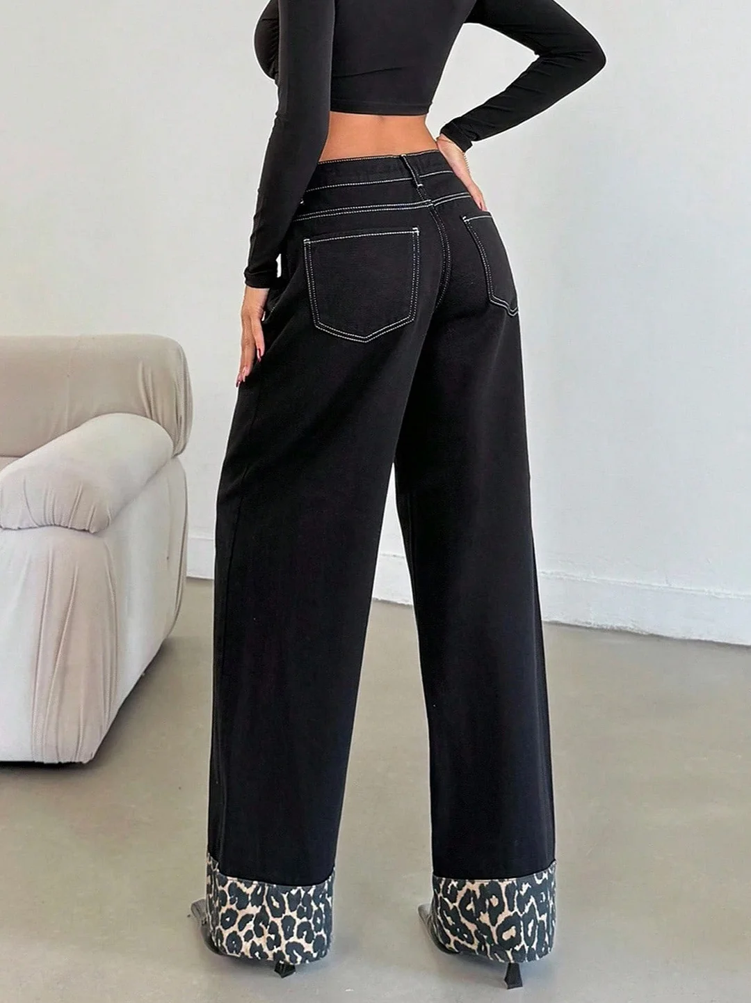 Athvotar Athvotar Straight Trousers Feet Spliced Leopard Trousers Babes Essential Personality Leopard Print Base Black High-Waisted Thin Jeans