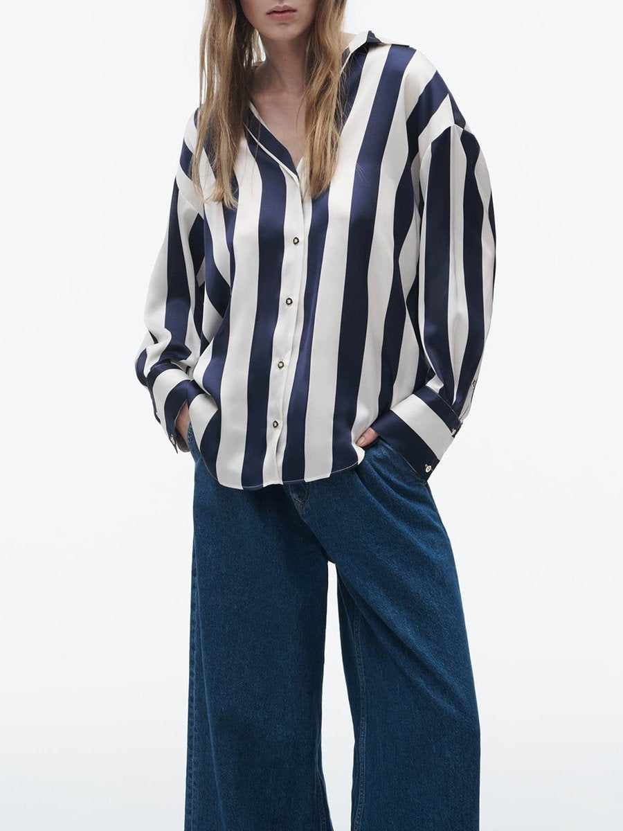 Long Sleeve Blue Striped Loose Blouses