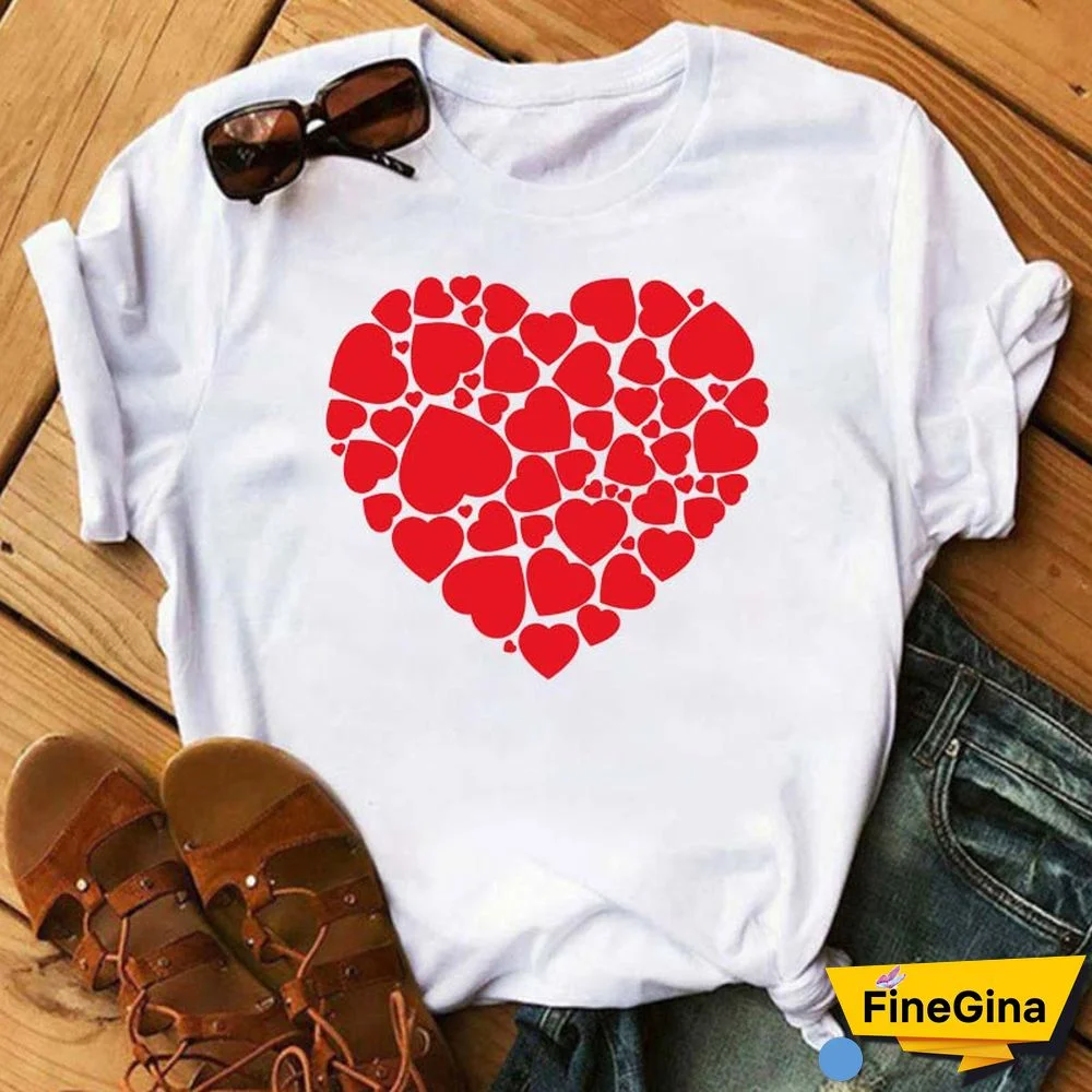 Maycaur Fashion Women T Shirt Love Heart Printed T Shirt Casual Red Tops 90s Valentine's Shirt Female Harajuku Graphic Tshirt