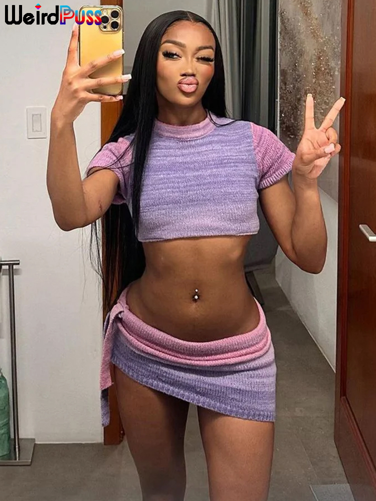 Weird Puss Knit Thin 2 Piece Set Women Summer Gradient Purple Concert Trend Short Sleeve Crop Tops+Shirring Skirt Matching Suits