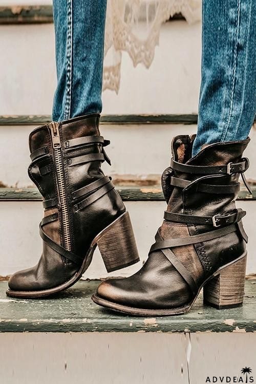 Vintage Buckle Zipper Mid-Calf Boots