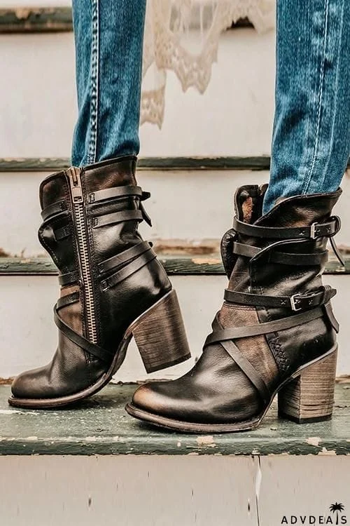 Vintage Buckle Zipper Mid-Calf Boots